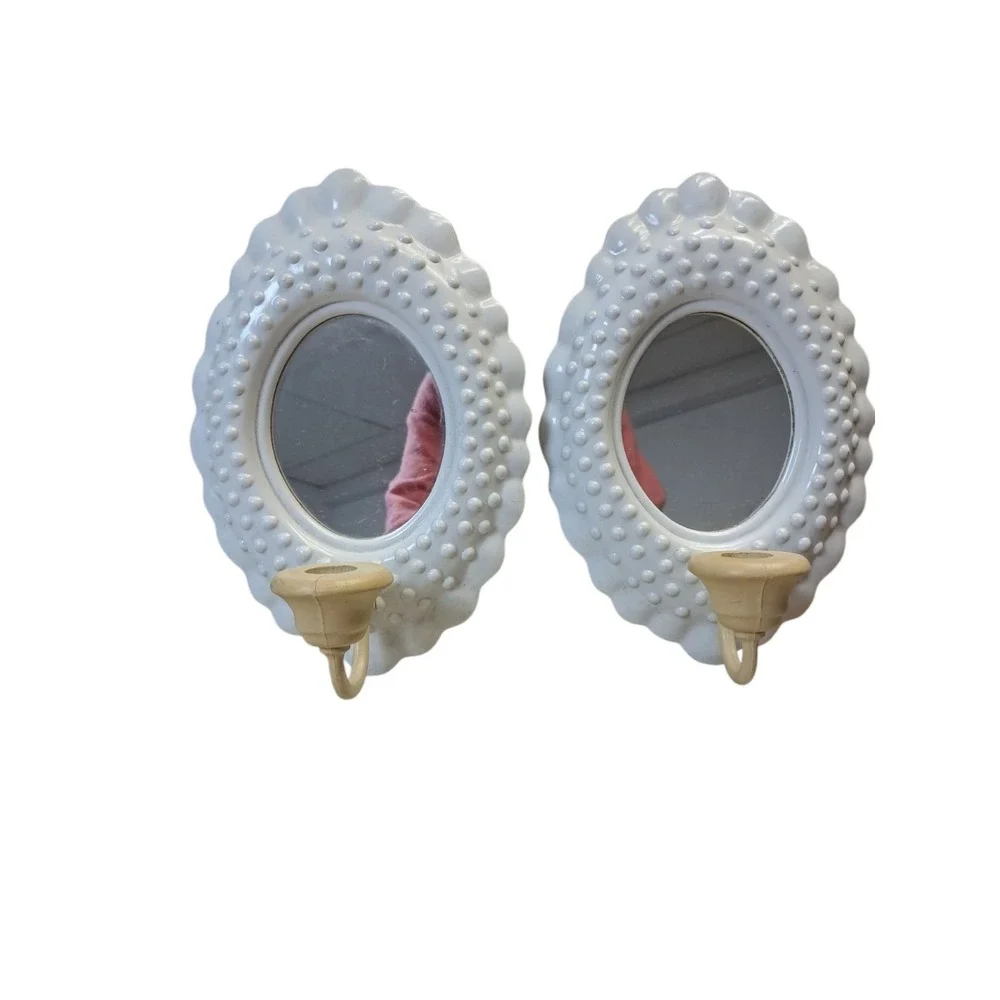 Vtg 1985 Burwood White Hobnail Oval‎ Mirror W/Sconce #2717 Wall Decor PreownedX2